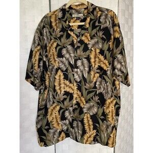 Tommy Bahama Black Palm Floral 100% Silk Short Sleeve Hawaiian Camp Shirt XL